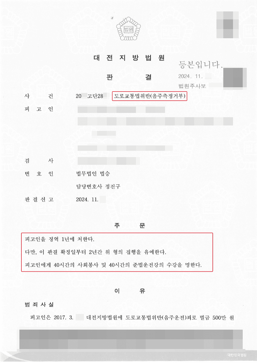 집행유예ㅣ음주측정거부와 다수 음주운전 전력으로 검사구형 징역 2년형이었으나 집행유예 선처받은 사례