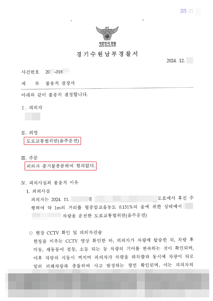 불송치ㅣ음주는 했지만 운전은 하지 않았습니다!