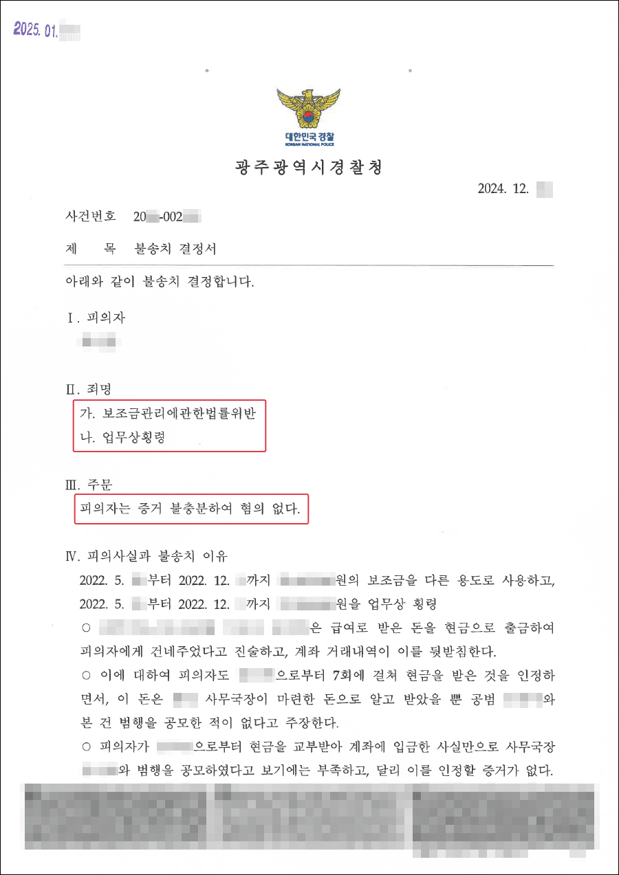 불송치(혐의없음)ㅣ사업체 대표인 의뢰인, 운영비 및 보조금을 부정사용혐의 불송치사례