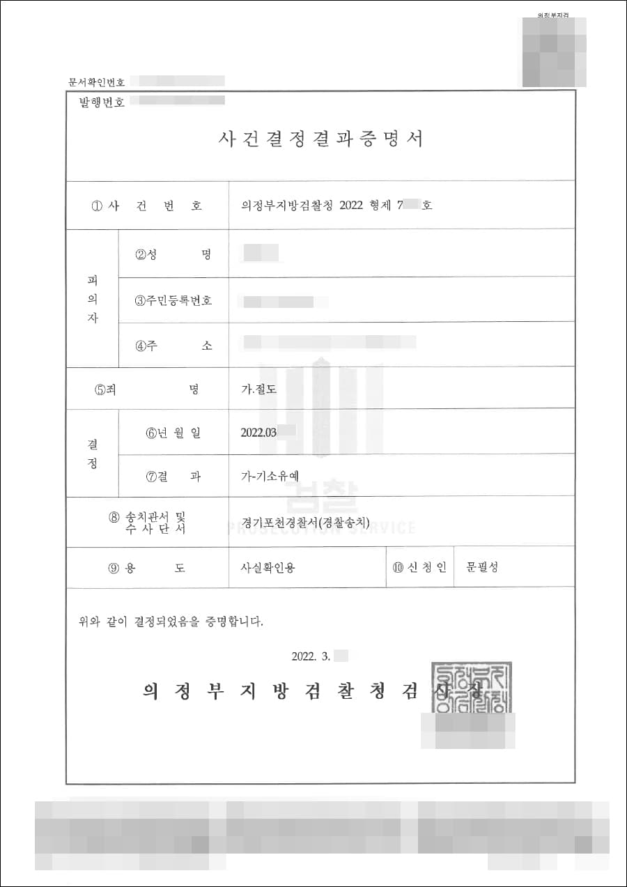 기소유예 | 절도 – 의정부지방검찰청 2022형제***