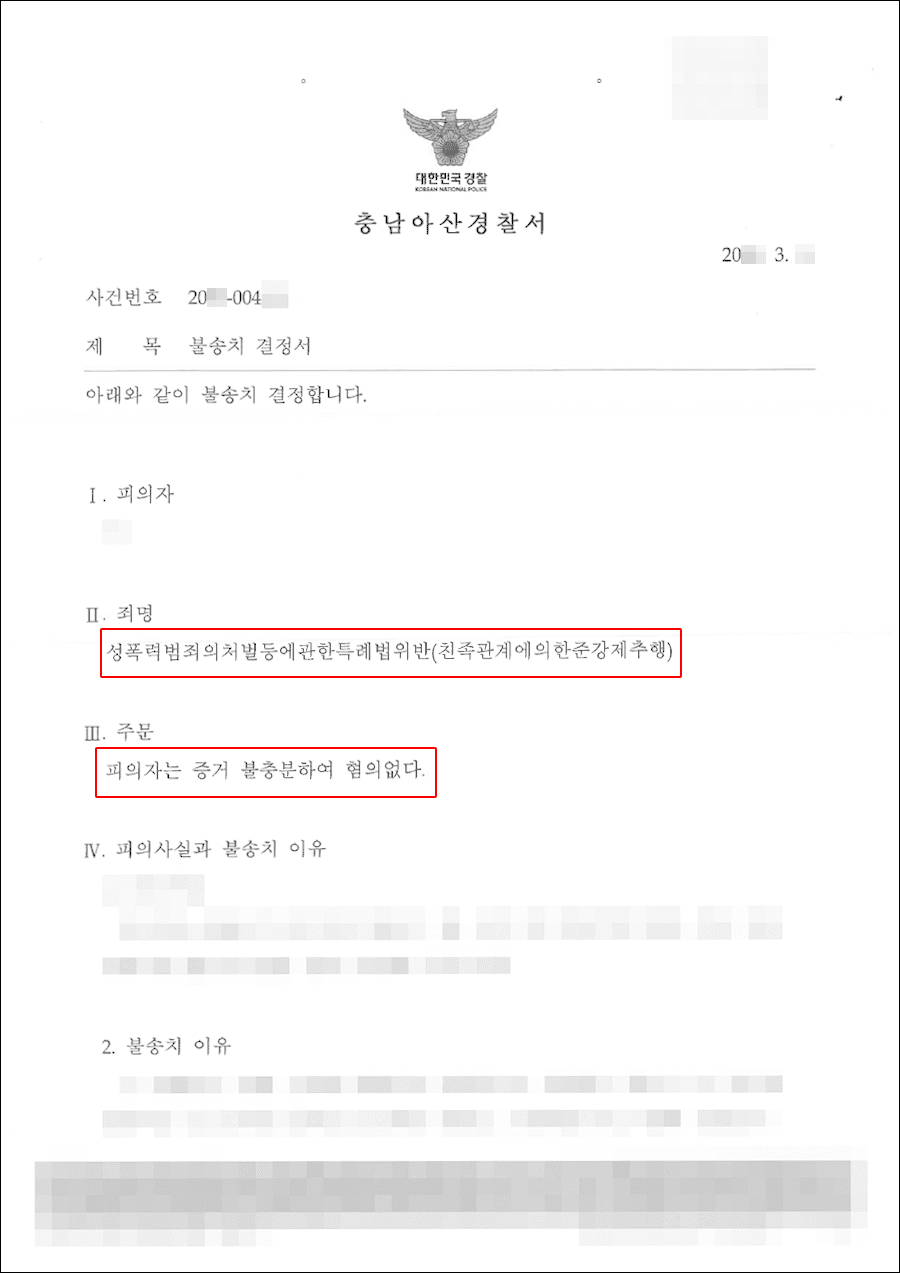 불송치결정(무혐의) | 성폭법 위반(친족관계에의한준강제추행) - 충남아산경찰서 20**-004***