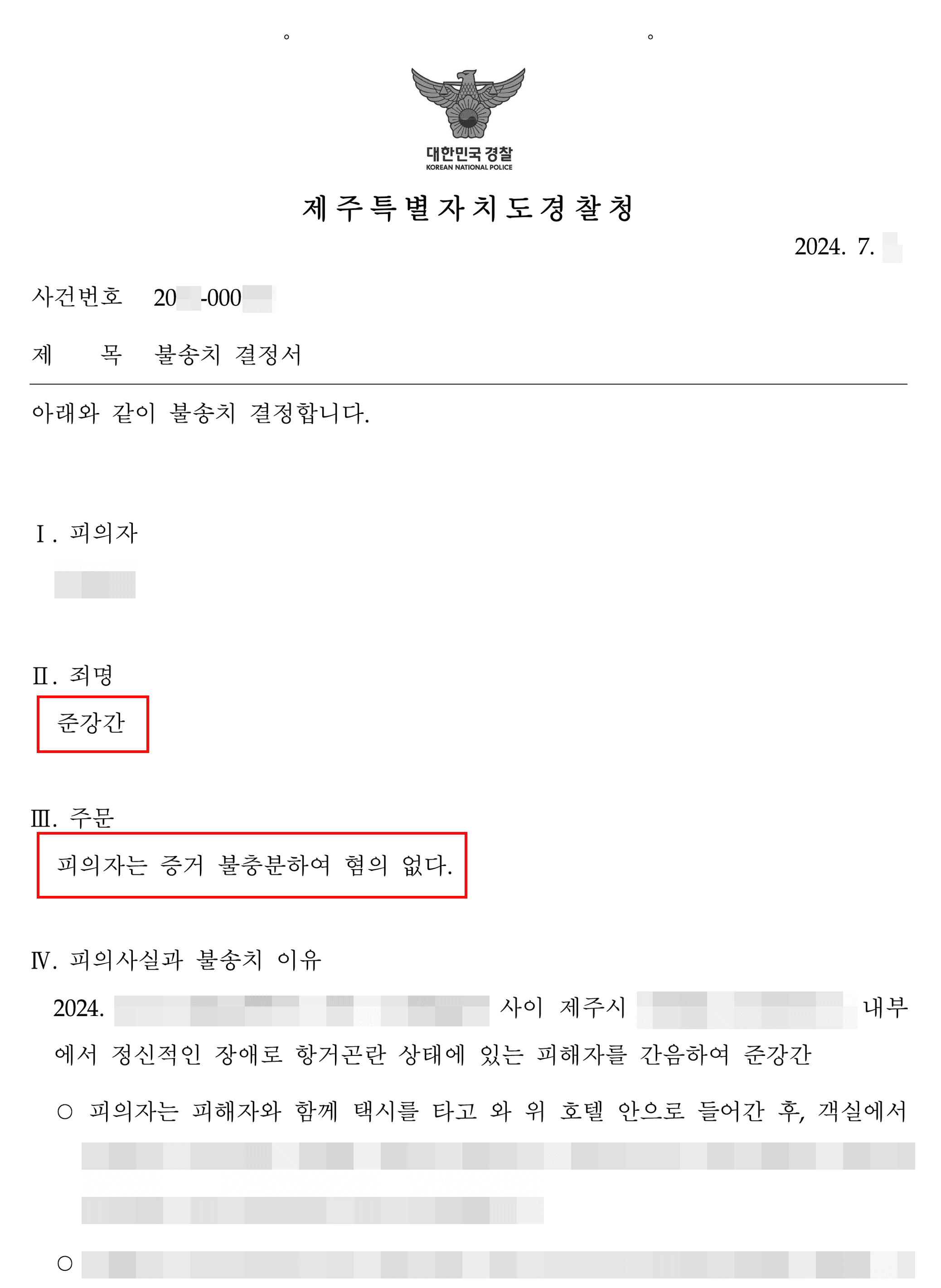 원나잇 이후 준강간 고소당한 의뢰인 혐의없음 사례