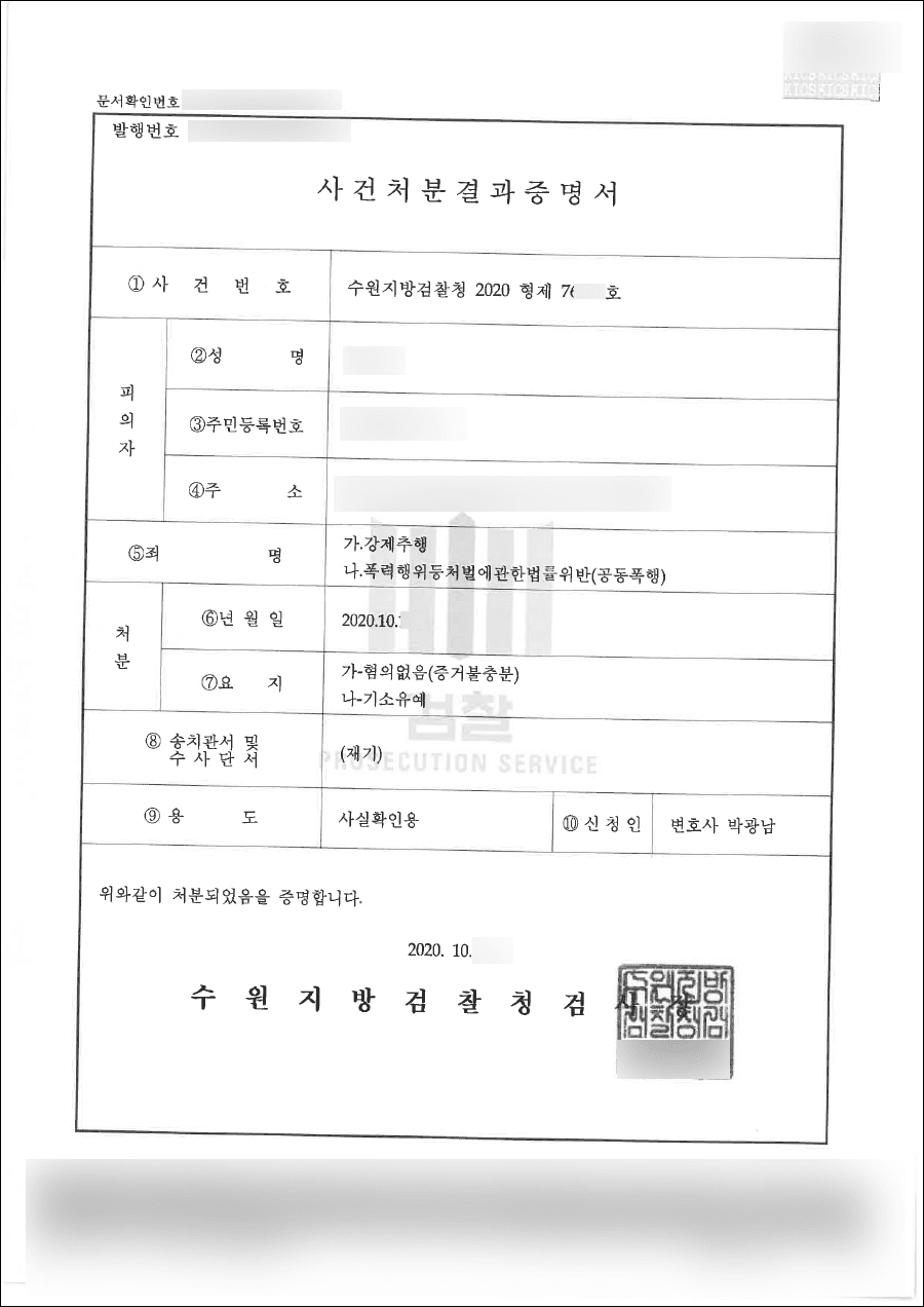 혐의없음(증거불충분), 기소유예 | 강제추행, 폭력행위등처벌에관한법률위반(공동폭행) - 수원지방검찰청 20**형제76***