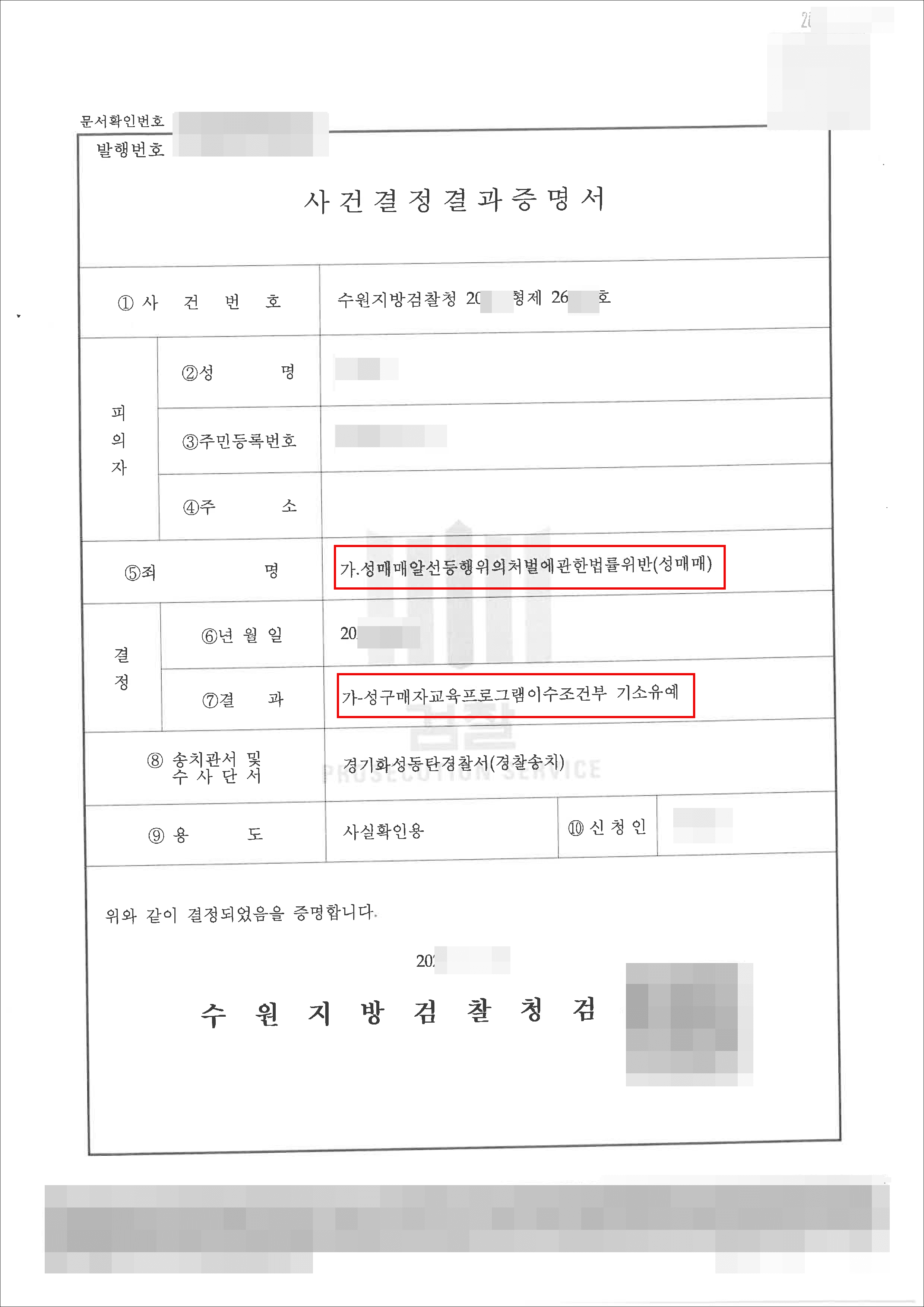 기소유예 | 성매매알선등행위의처벌에관한법률위반(성매매) - 수원지방검찰청 20**형제26***