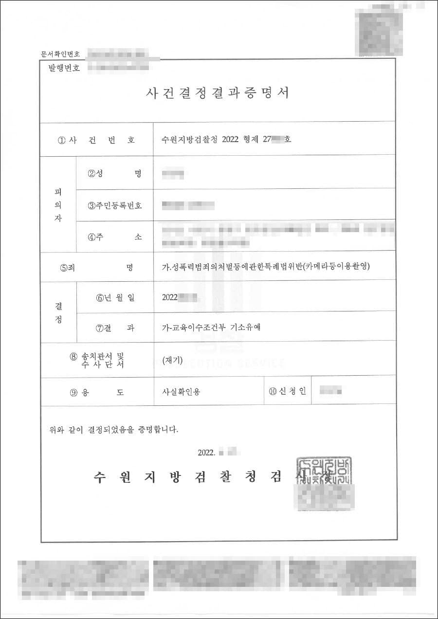 기소유예 | 성폭력범죄처벌등에관한특례법위반(카메라등이용촬영) - 수원지검 20**형제27***