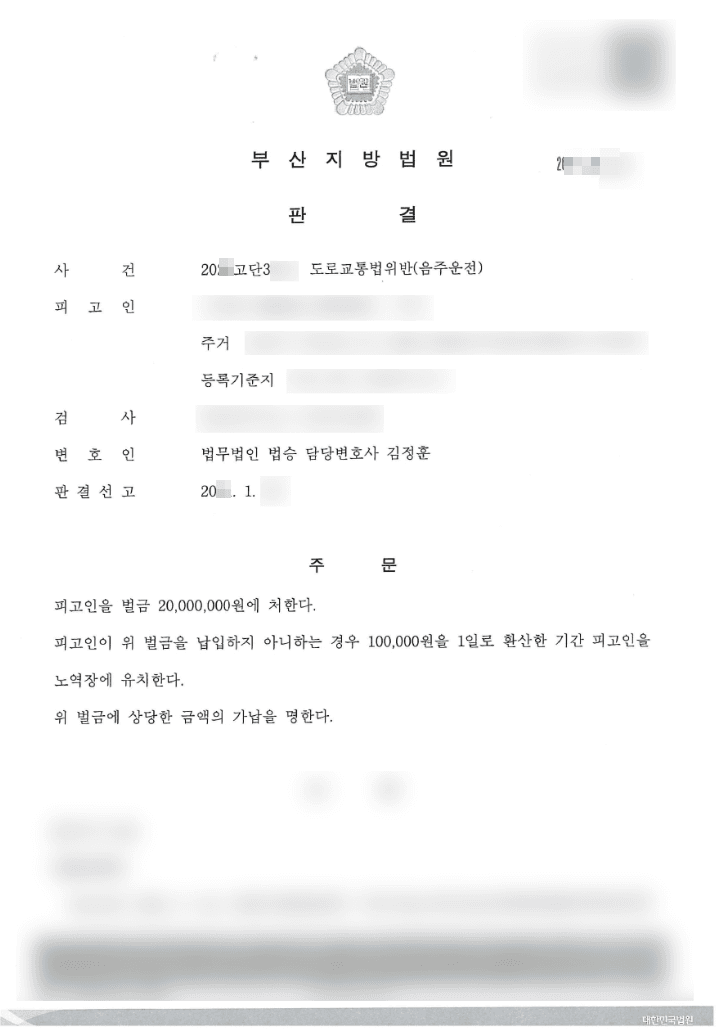벌금형 | 도로교통법위반(음주운전) - 부산지방법원 20**고단3***
