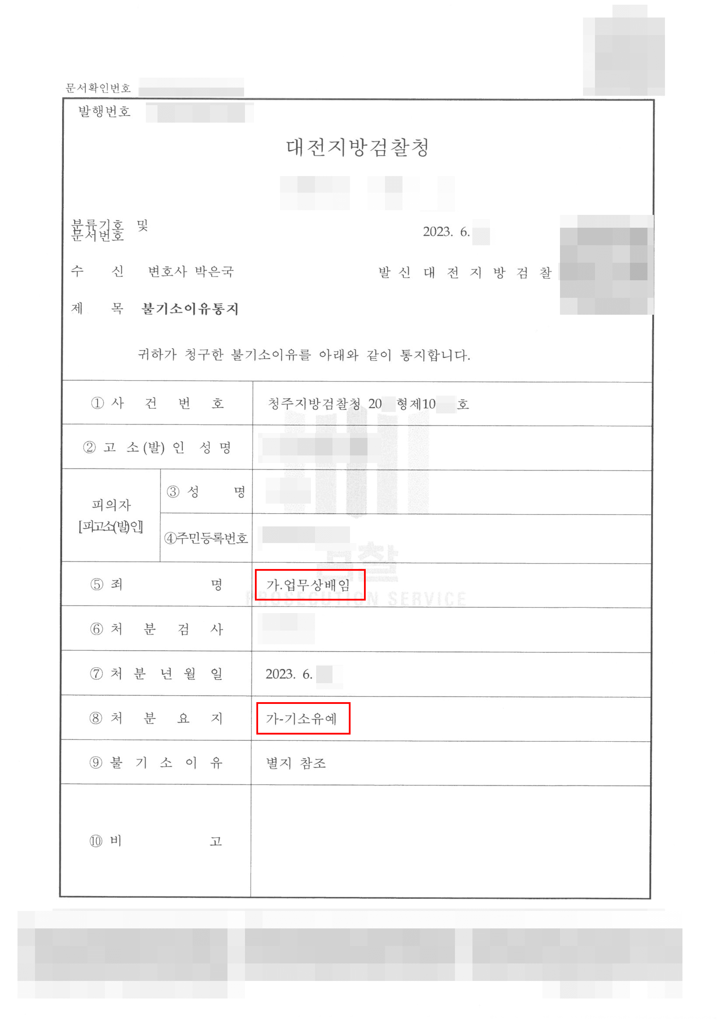 기소유예 | 업무상배임 - 청주지방검찰청 20**형제10***