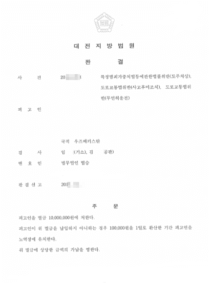 벌금형ㅣ무면허운전, 도주치상 - 대전지방법원 2018고단 ***