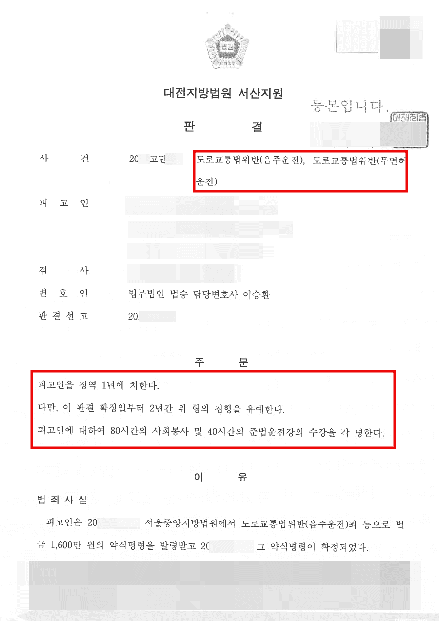집행유예 | 음주운전 등 - 대전지방법원 서산지원 20**고단***