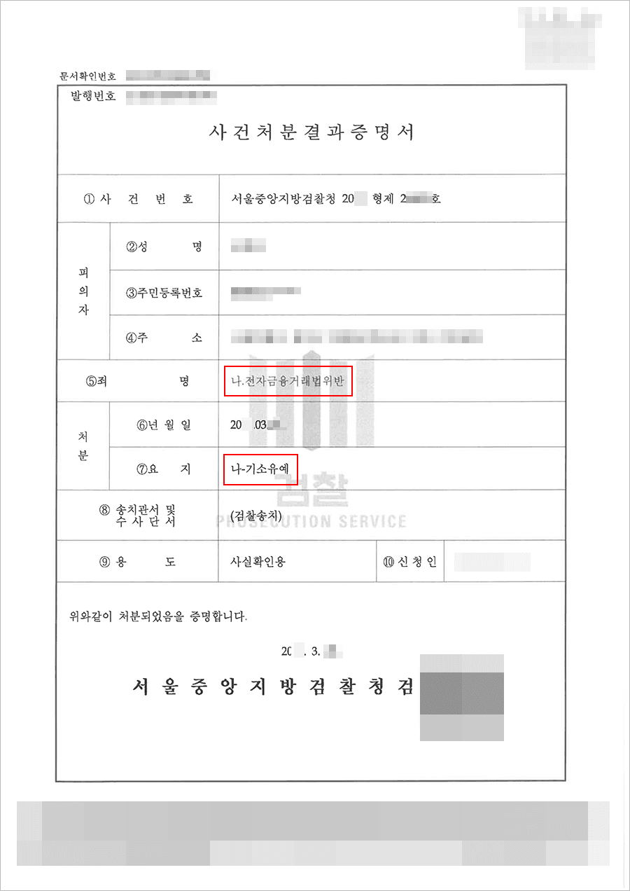 기소유예 | 전자금융거래법 위반 - 서울중앙지방검찰청 20**형제2***