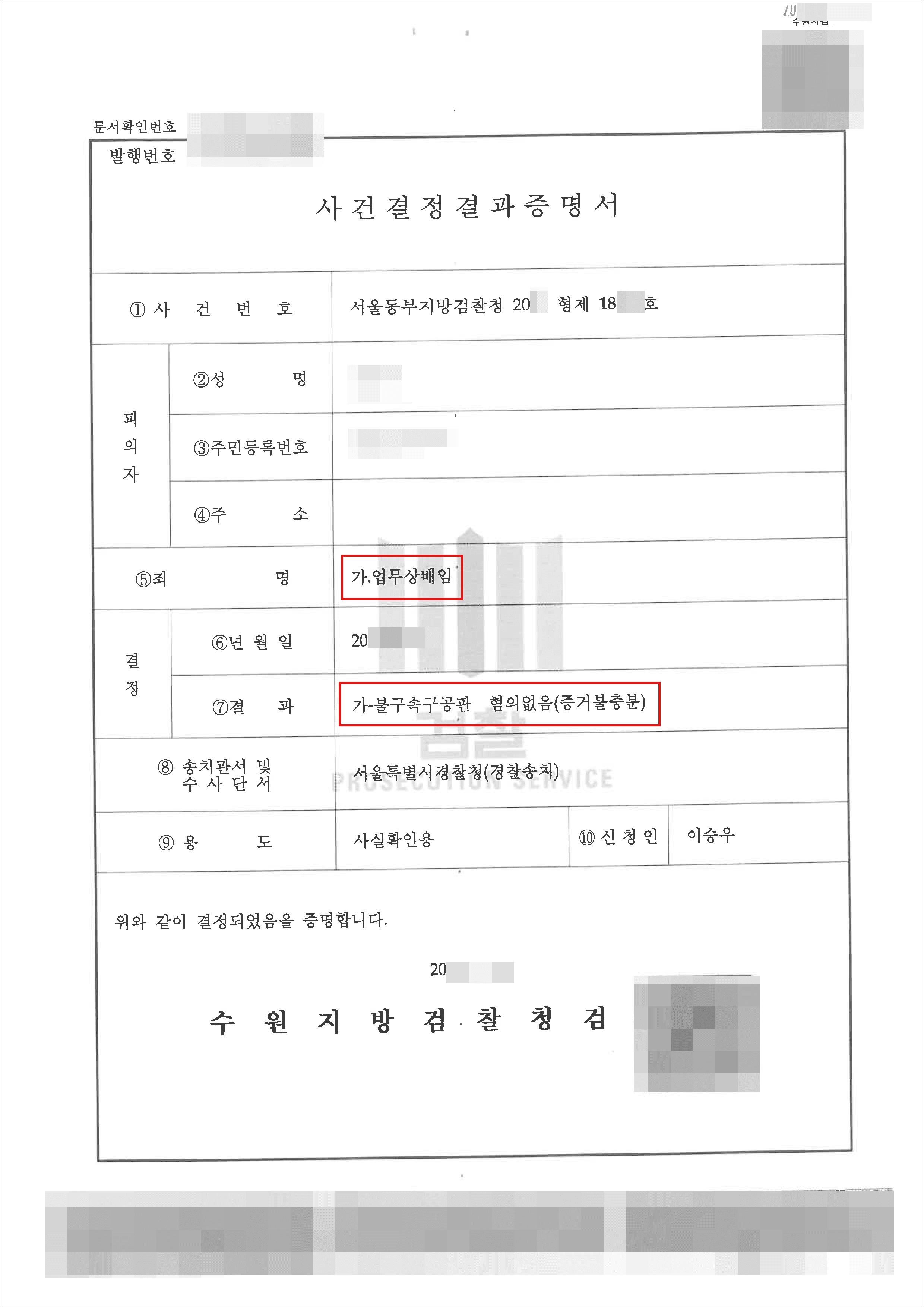 불기소 | 부정경쟁방지법, 업무상배임 - 서울경찰청 동부지검 20**형제18***