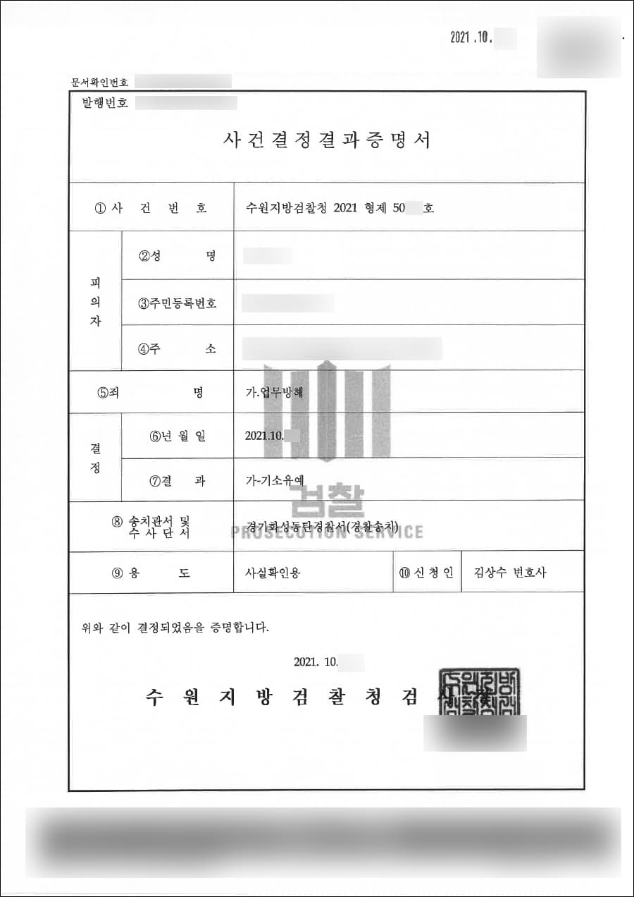 기소유예 | 업무방해 - 수원지방검찰청 20**형제50***