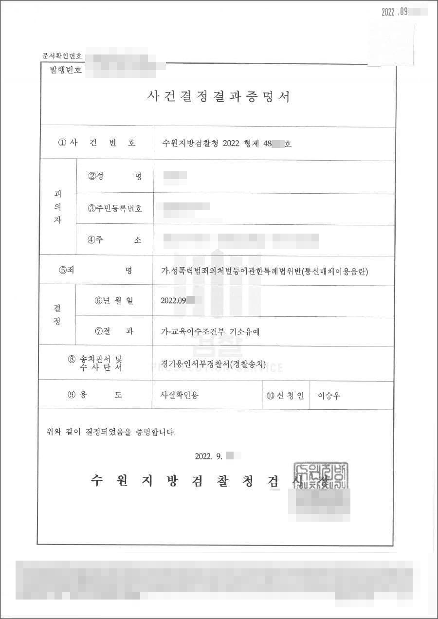 기소유예 | 통신매체이용음란 - 수원지방검찰청 20**형제48***