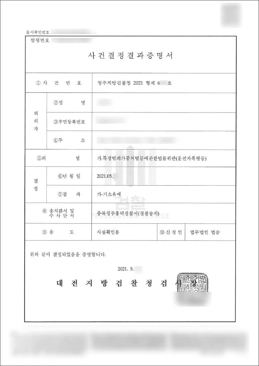 기소유예 | 특정범죄가중처벌등에관한법률위반(운전자폭행등) - 청주지방검찰청 2021 형제 6***
