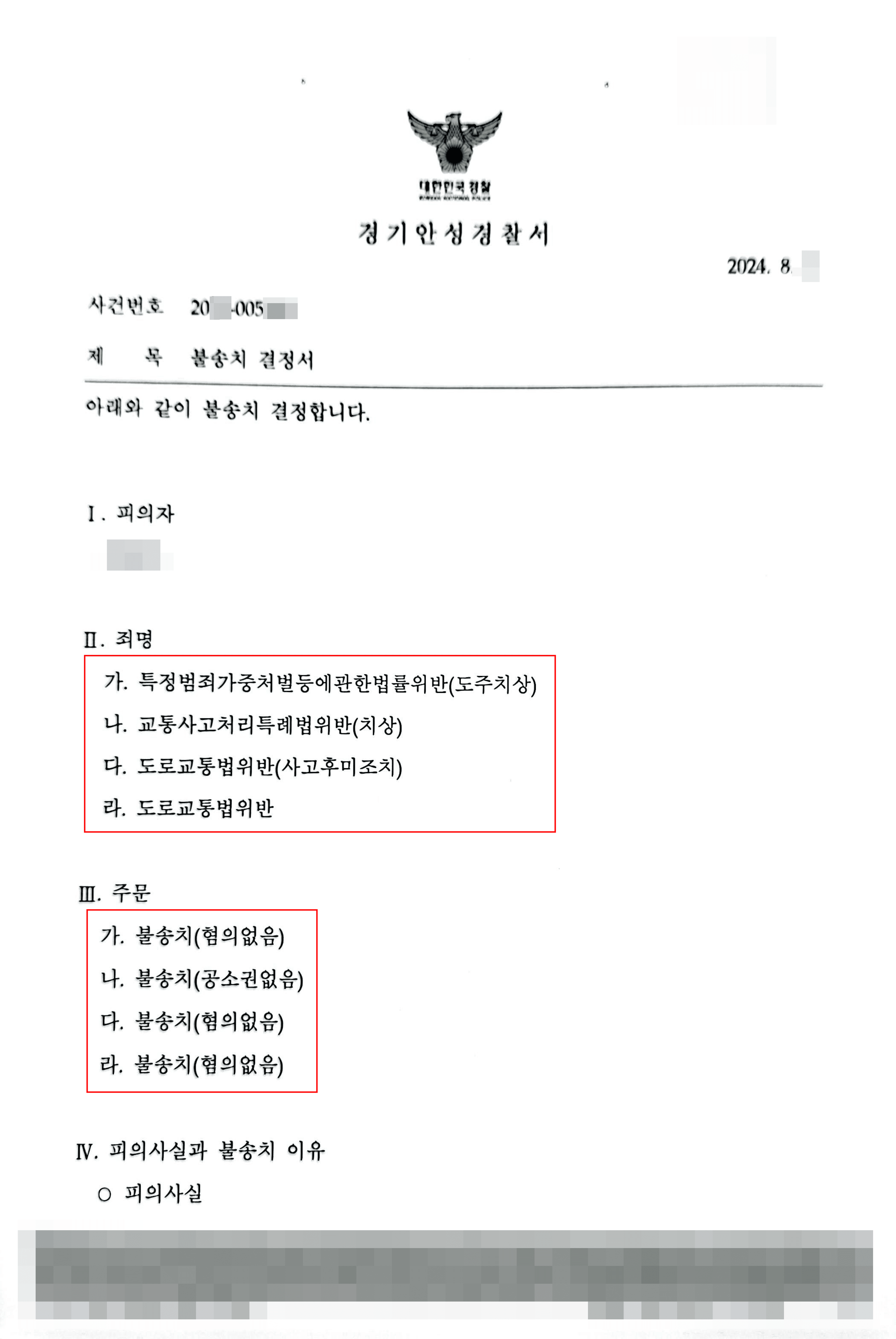 불송치 (혐의 없음) | 처방받은 약물 복용 후 교통사고 뺑소니 혐의받는 의뢰인 불송치 사례
