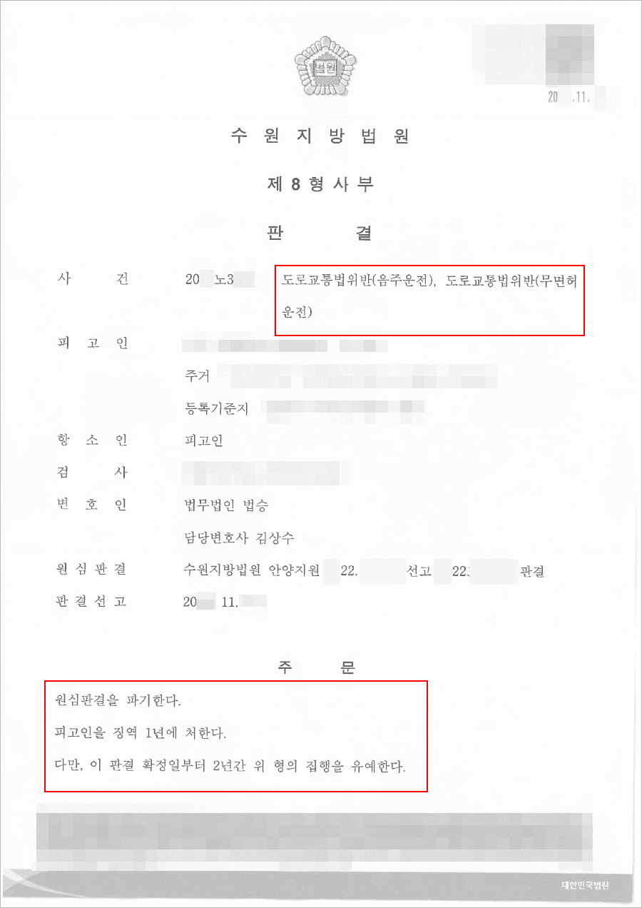 집행유예 | 도로교통법위반(음주운전) - 수원지방법원 20**노3***