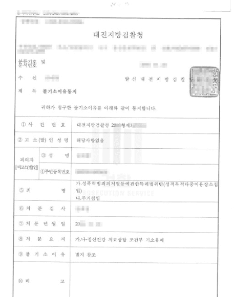 정신상담 치료상담 조건부 기소유예ㅣ성적목적다중이용장소침입 - 대전지방검찰청 20**형제3****