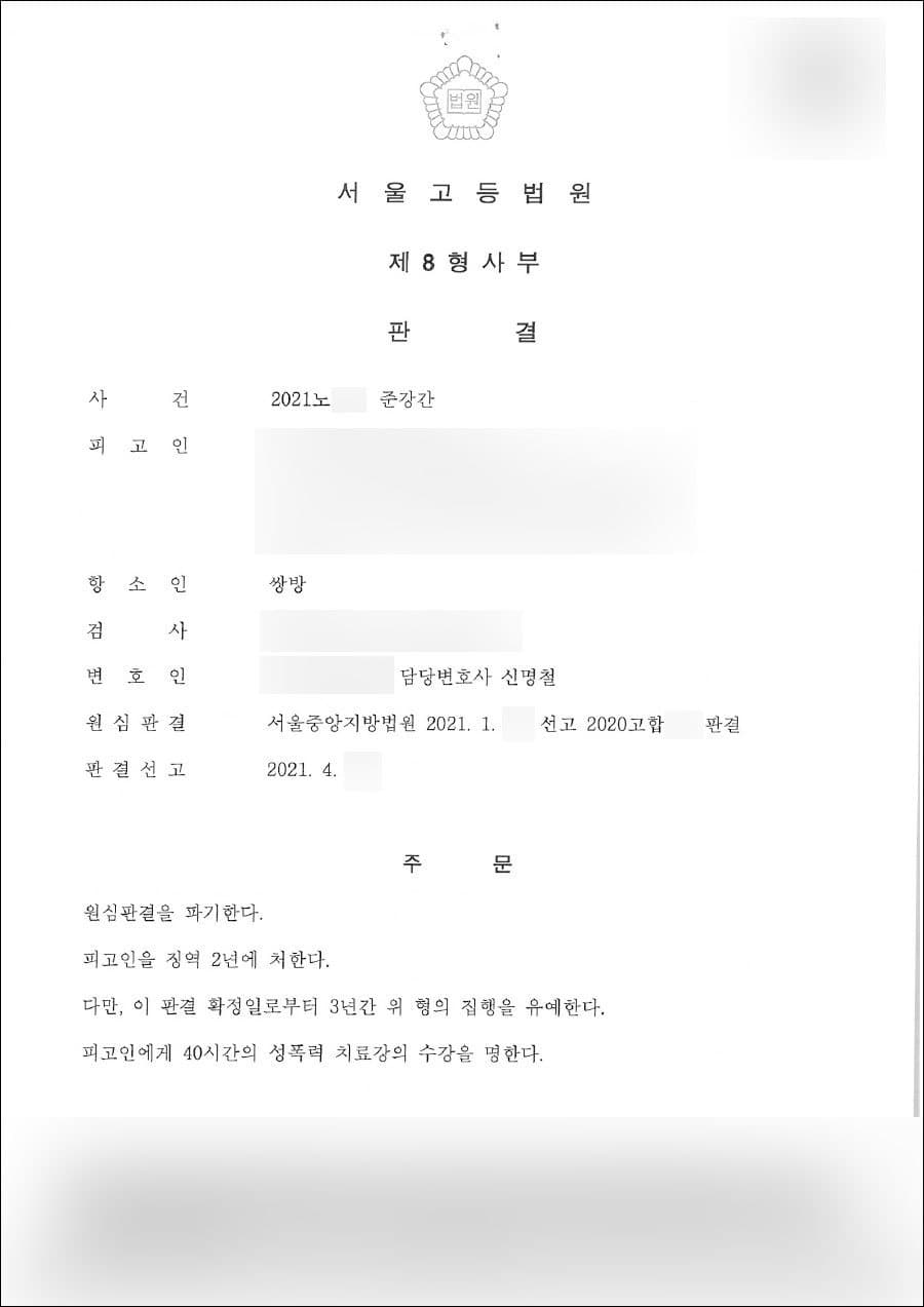 집행유예 | 준강간 - 서울고등법원 2021노***