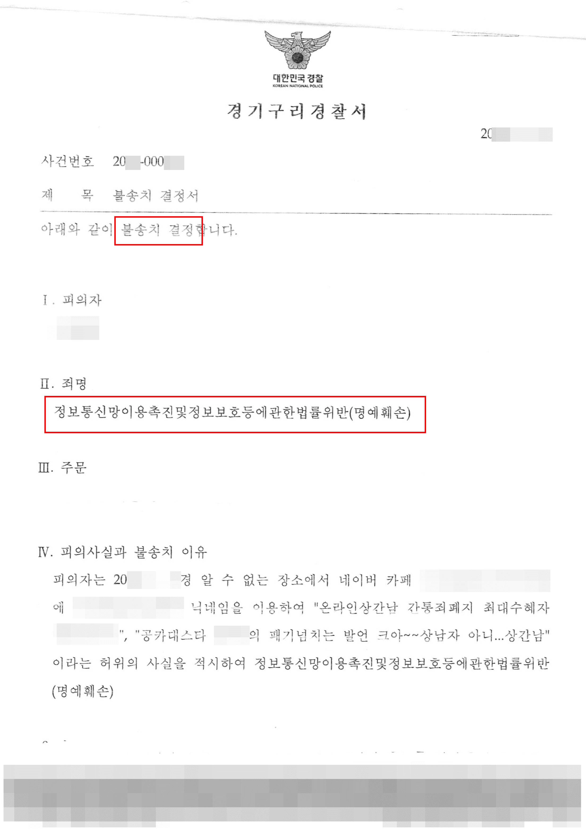 남양주형사전문변호사, 불송치 | 명예훼손 - 경기구리경찰서 20**-000***