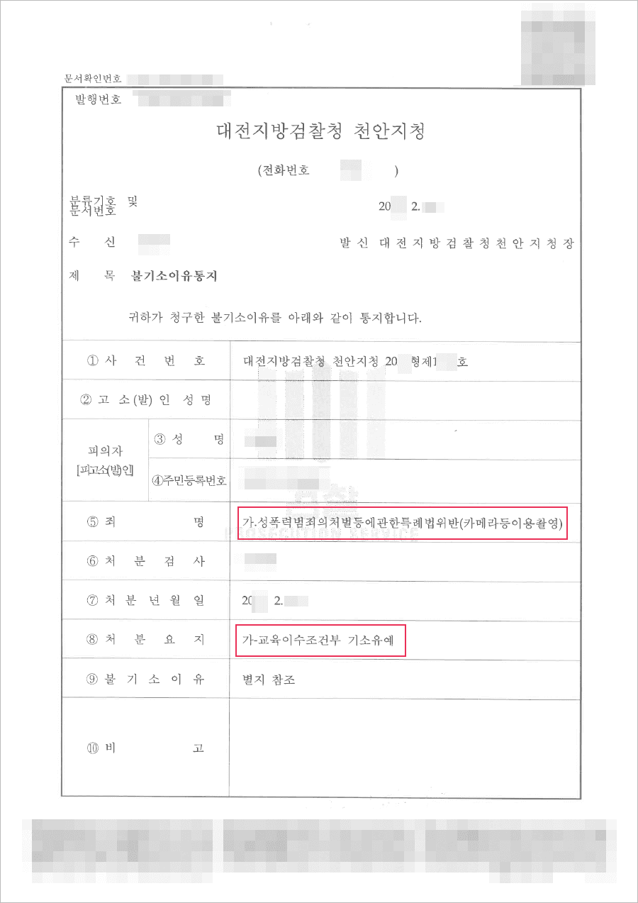 기소유예 | 성폭법 위반(카메라등이용촬영) - 대전지검 천안지청 20**형제1***