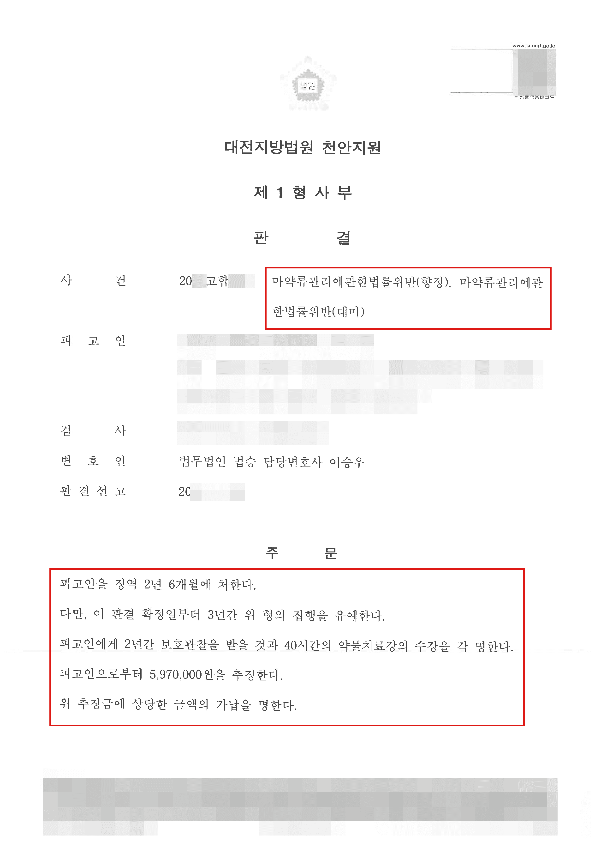 집행유예 | 마약류관리에관한법률위반 - 대전지방법원 천안지원 20**고합***