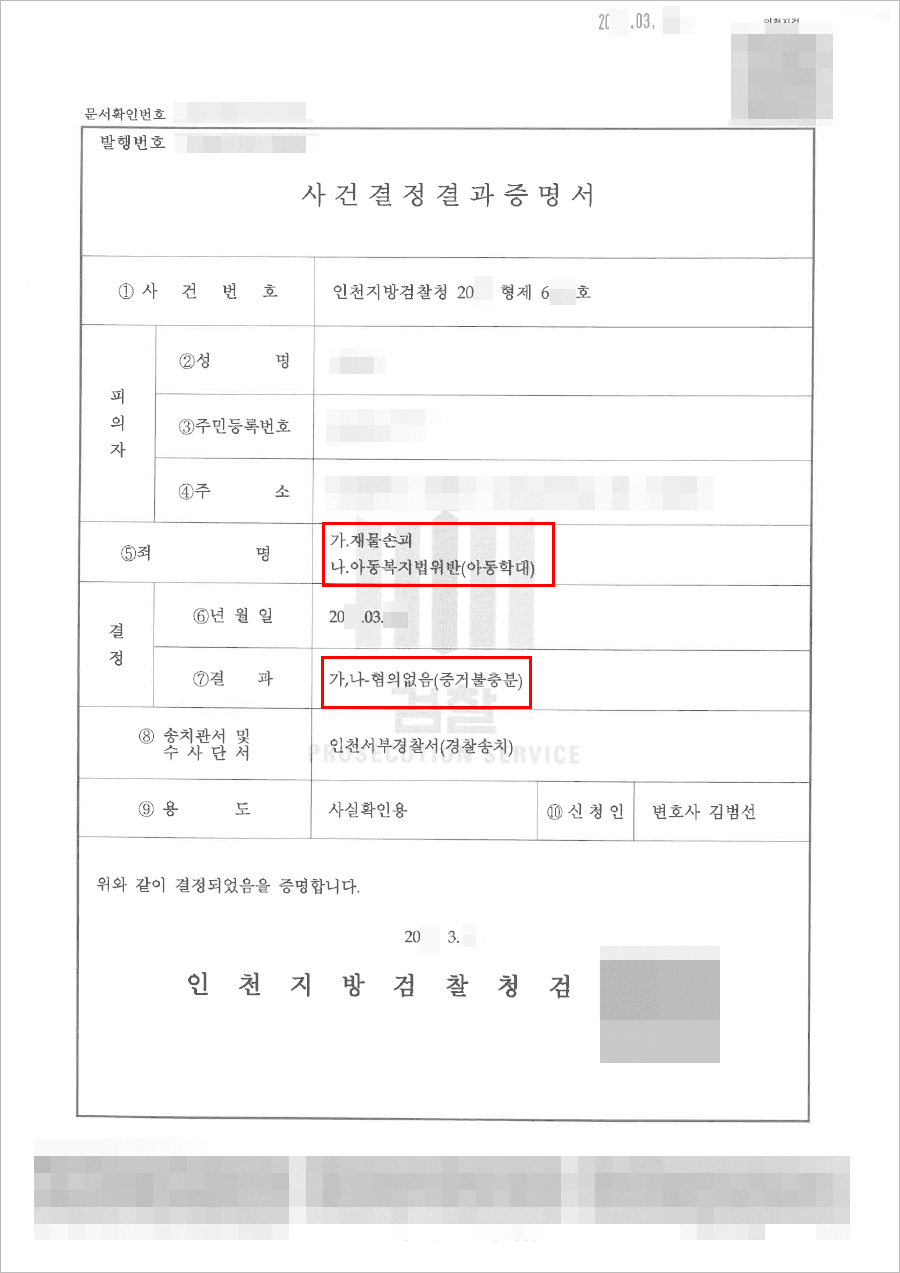 증거불충분(무혐의) | 재물손괴, 아동학대 - 인천지방검찰청 20**형제6***