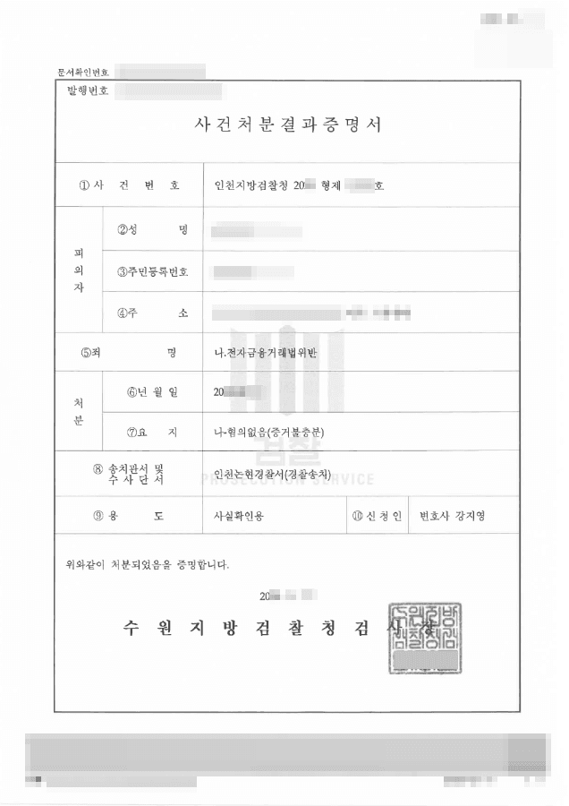 무혐의 | 전자금융거래법위반 - 인천지방검찰청 20**형제*****호