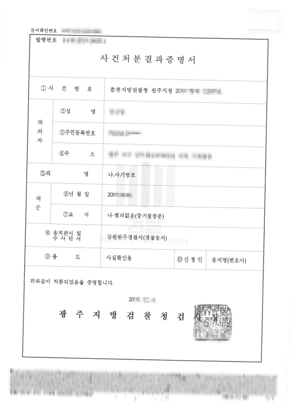 불기소(혐의없음) ㅣ 사기방조 - 춘천방검찰청 원주지청 20**형제12***호