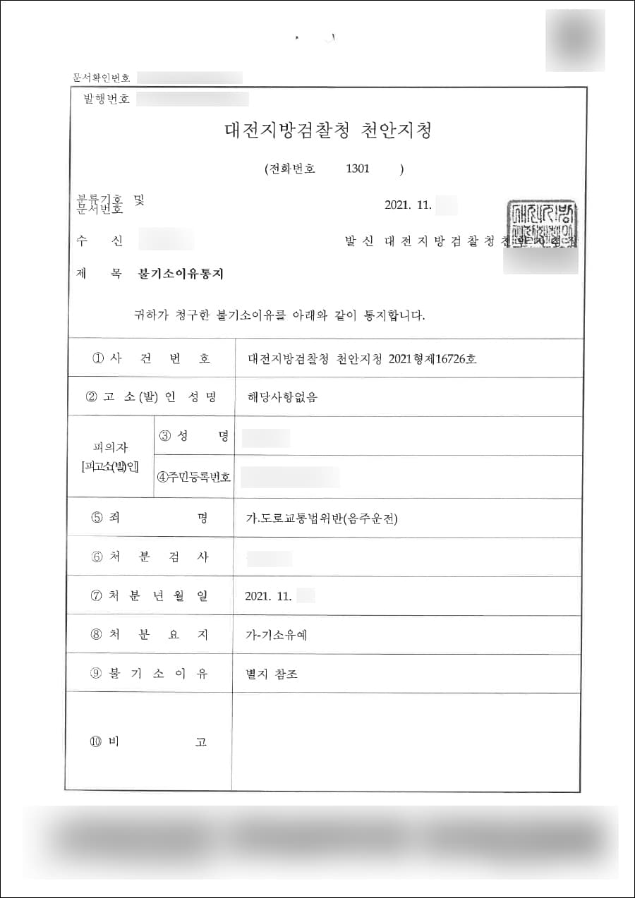 기소유예 | 도로교통법위반(음주운전) - 대전지검 천안지청 2021형제16****