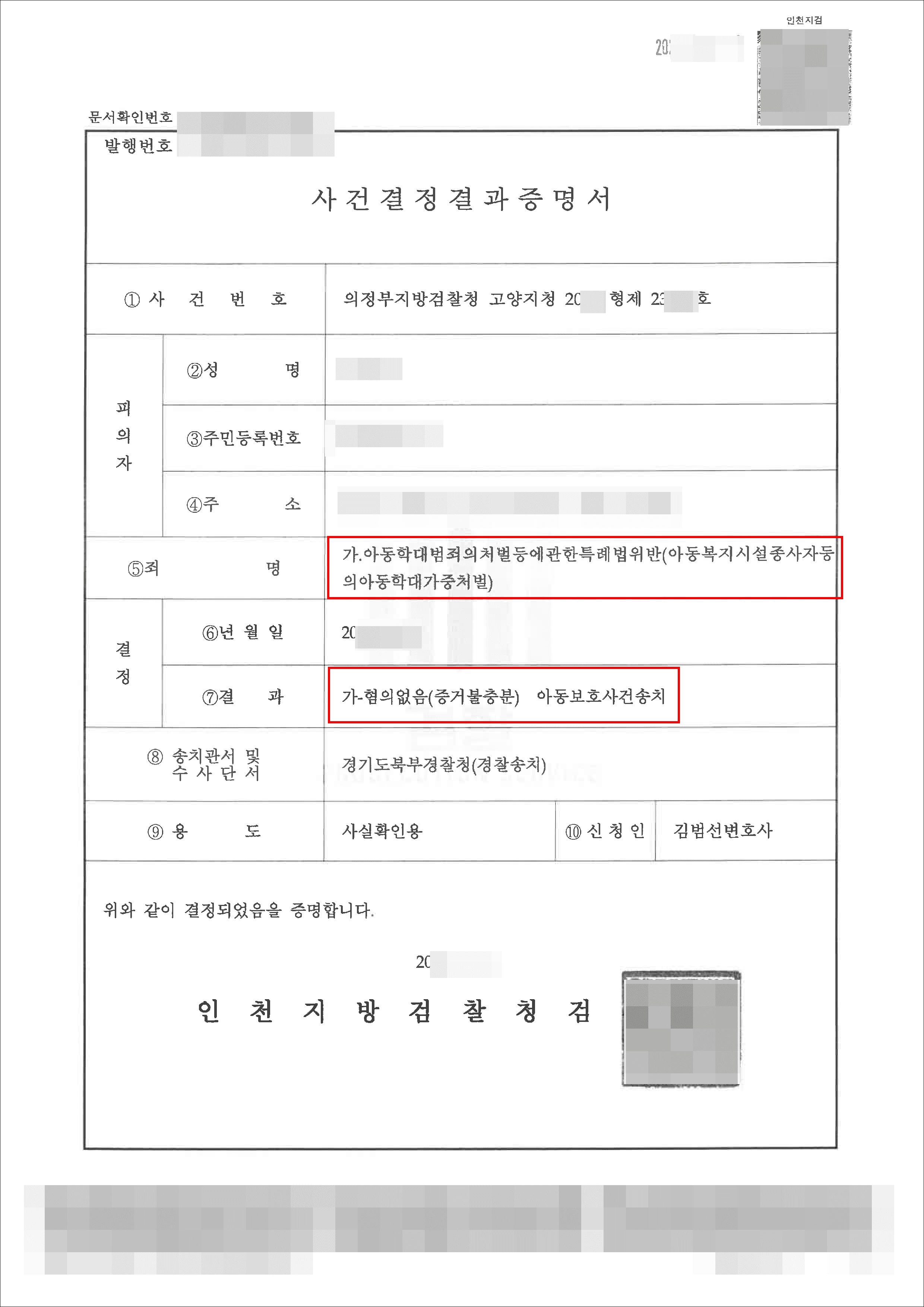 불기소(혐의없음)｜아동복지법(종사자아동학대) – 의정부지방검찰청 고양지원 20**-****
