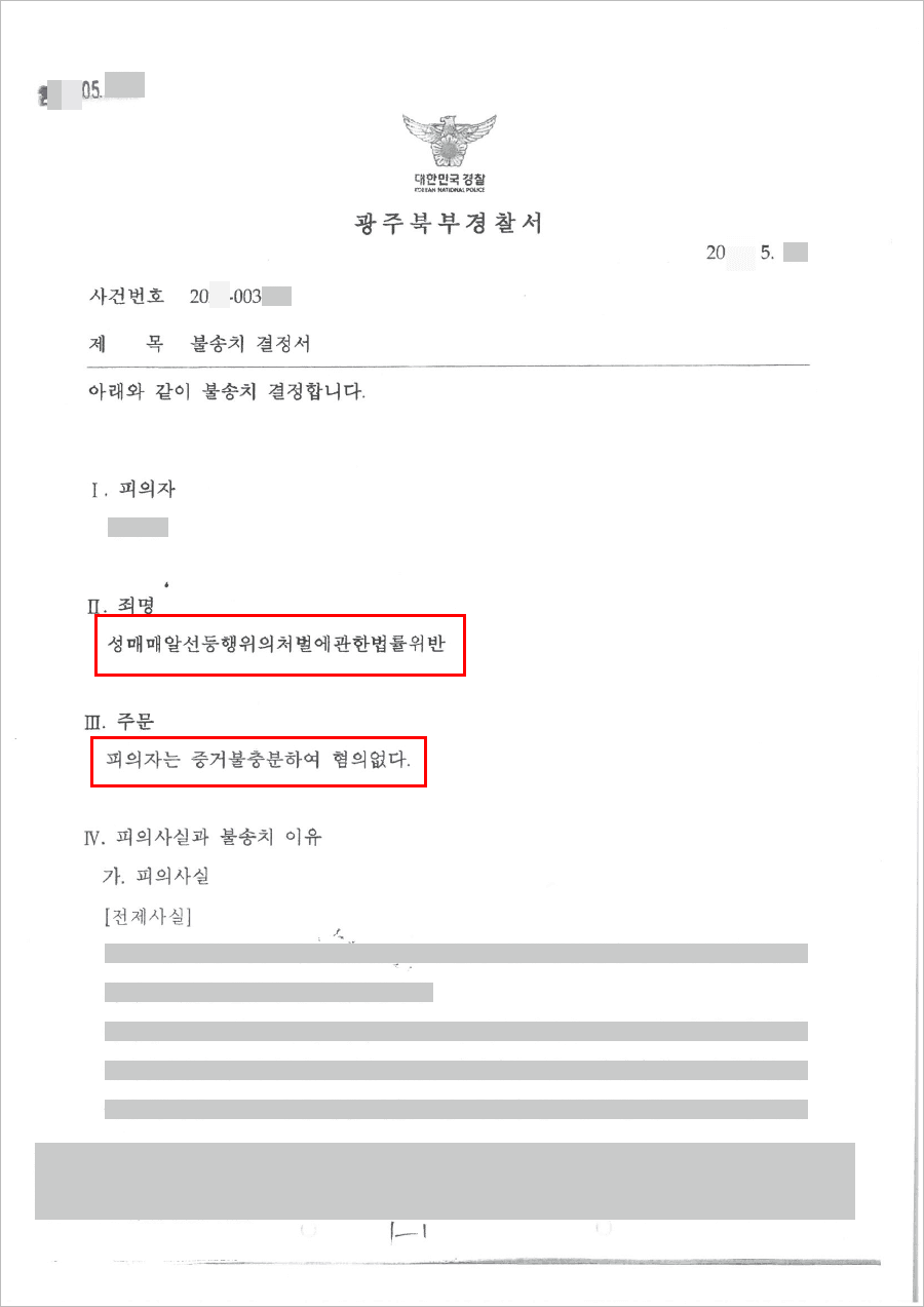 불송치결정(무혐의) | 성매매처벌법위반(성매매알선등) - 광주북부경찰서 20**-003***