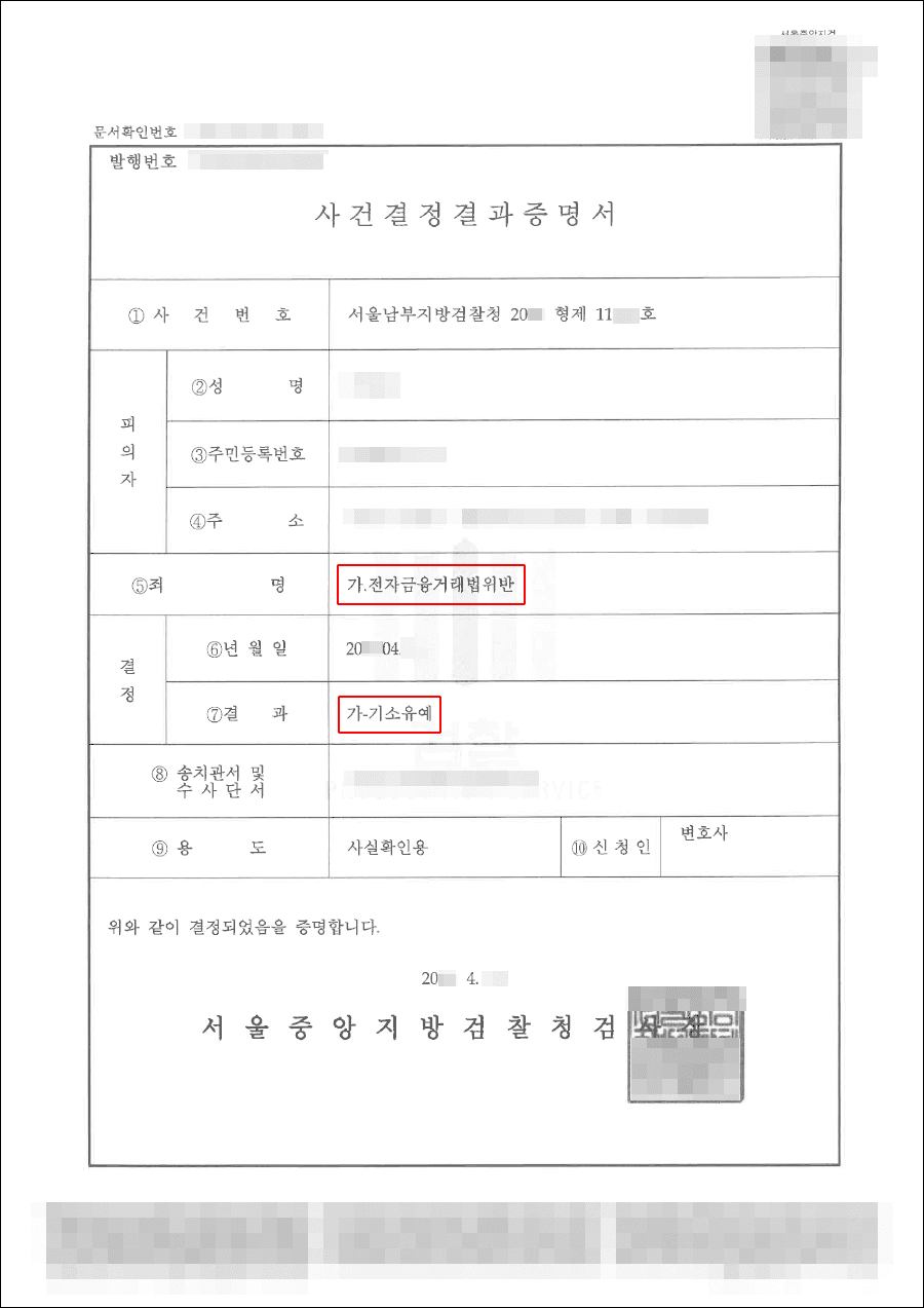 기소유예 | 전자금융거래법 위반 - 서울남부지방검찰청 20**형제11***호