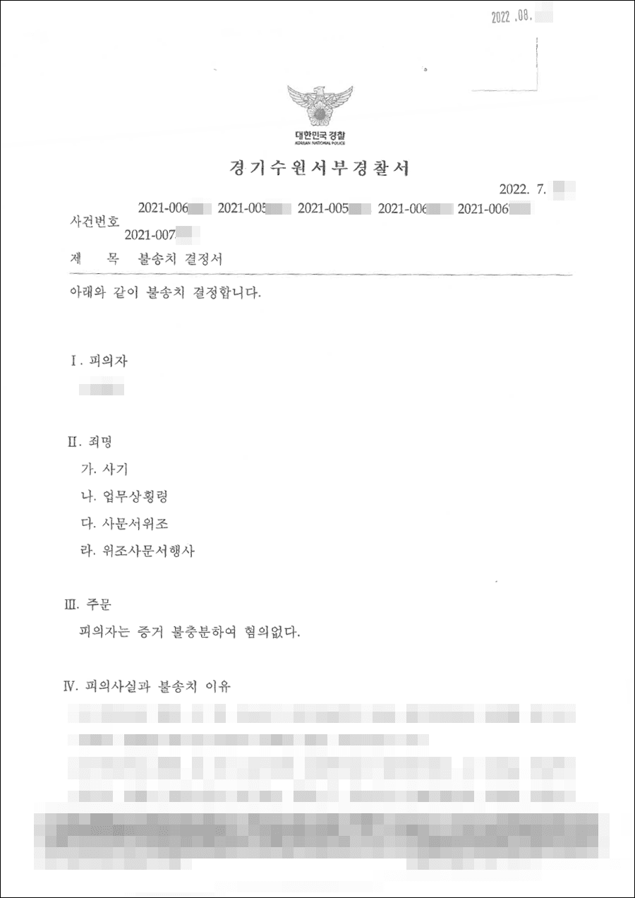 불송치결정(무혐의) | 사기, 업무상횡령 등 - 수원서부경찰서 20**-007***