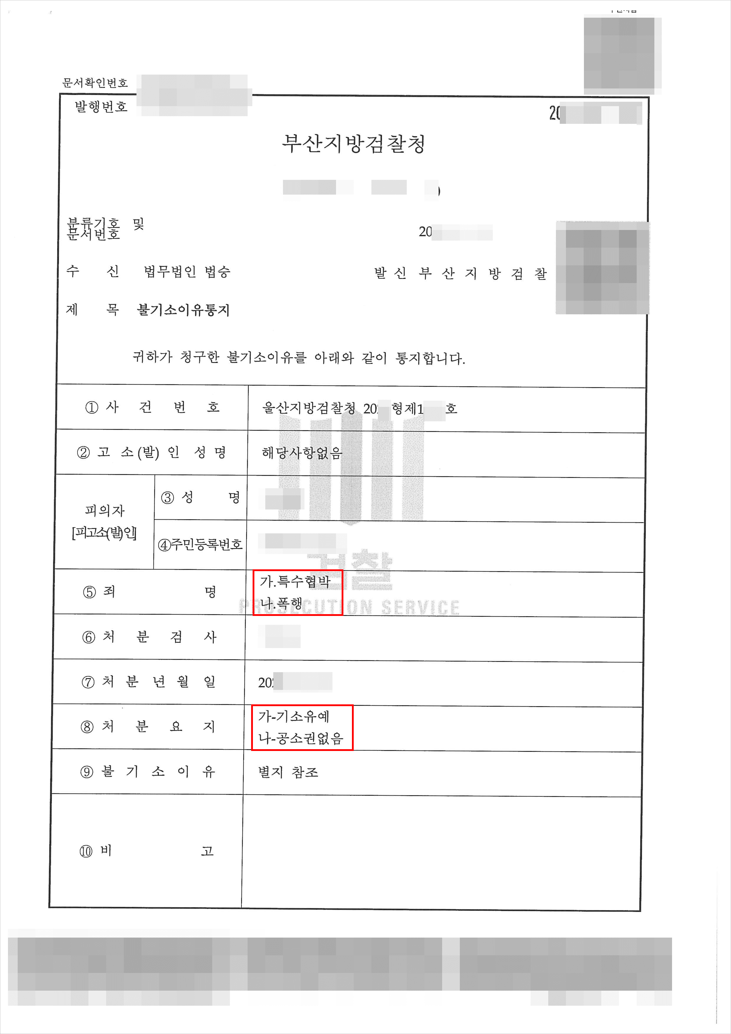 기소유예 | 특수협박 - 울산지방검찰청 20**형제1***