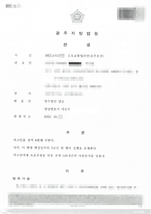 집행유예 | 도로교통법위반(음주운전 4회차) - 광주지방법원 20**고단2***