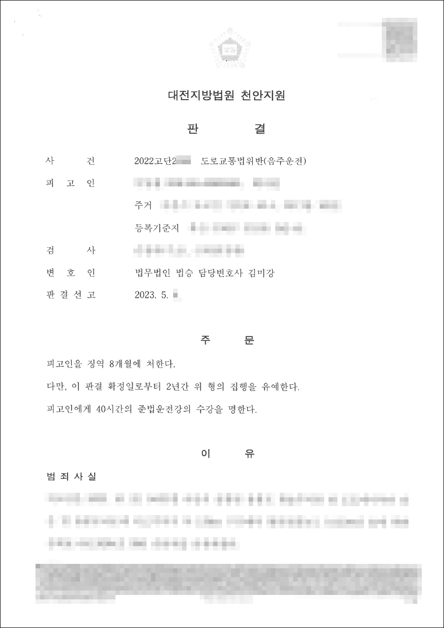 집행유예 | 도교법 위반(음주운전) 등 - 대전지방법원 천안지원 2022고단2***
