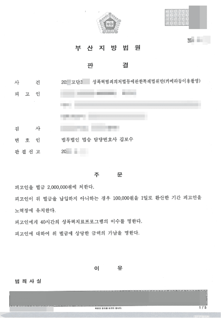 벌금형 | 성폭력범죄의처벌등에관한특례법위반(카메라등이용촬영) - 부산지방법원 20**고단3**