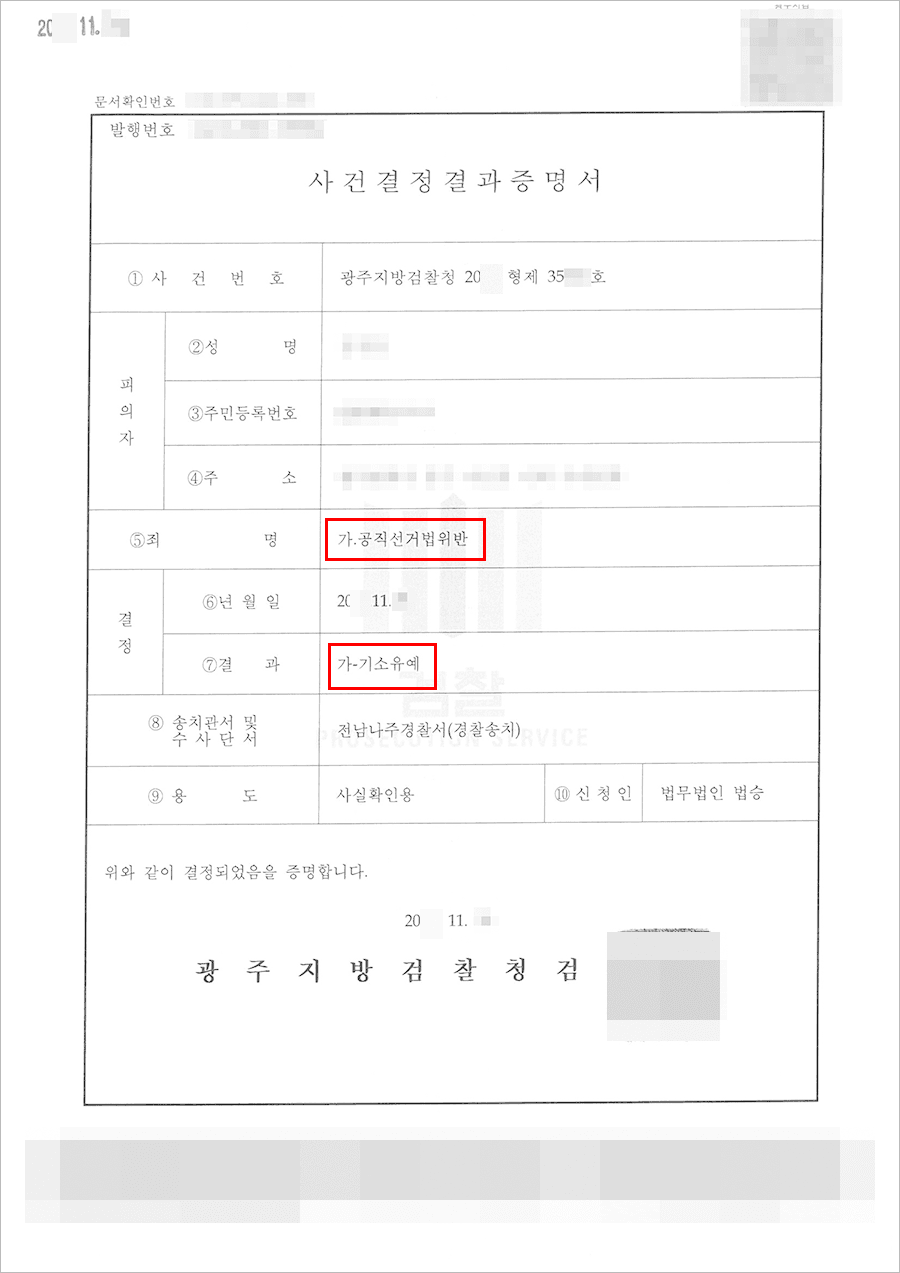 기소유예 | 공직선거법위반 - 광주지방검찰청 20**형제35***